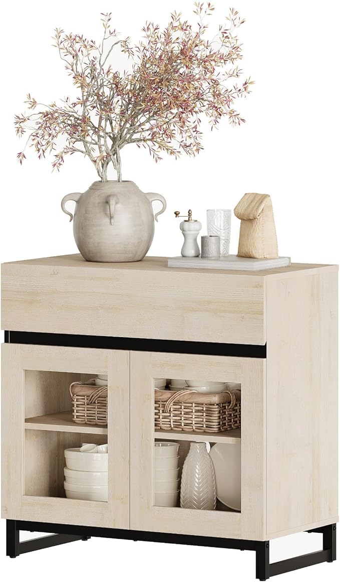 WAMPAT Sideboard Buffet Cabinets with Glass Doors and Drawer, Modern Sideboard Credenza with Adjustable Shelf, Coffee Bar Storage Cabinet for Living Room, Kitchen, Light Oak