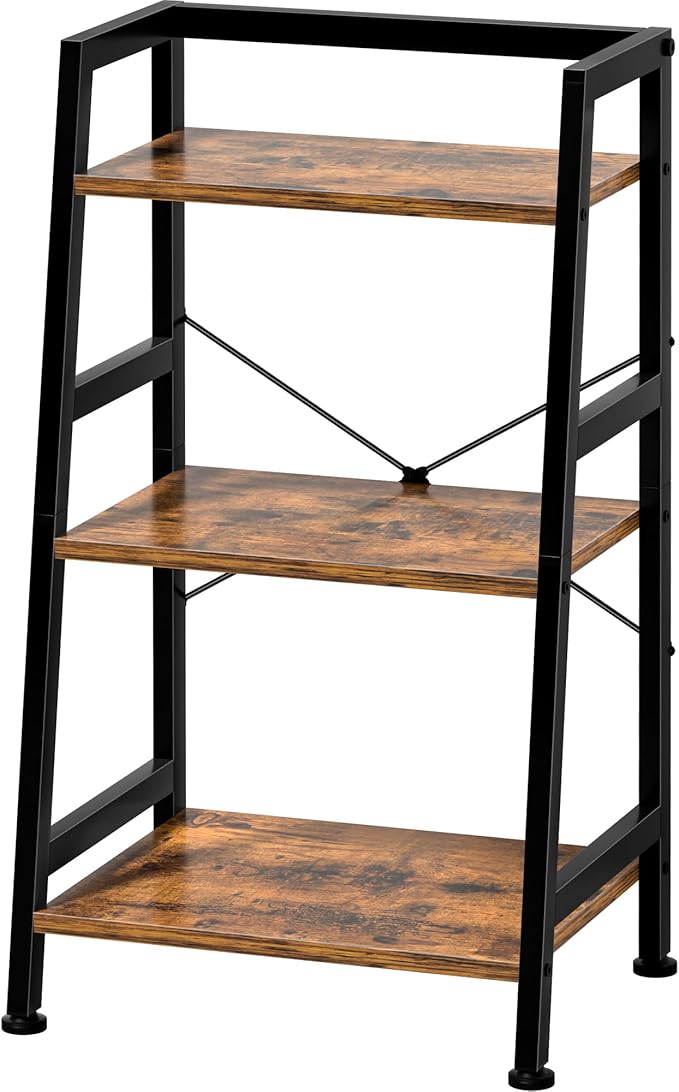 3-Tier Bookshelf, Ladder Shelf, Industrial Bookcase with Steel Frame, Metal Small Bookcase, stand up shelves for Living Room, Home Office, Kitchen, Bedroom, Industrial Style（Rustic Brown & Black）
