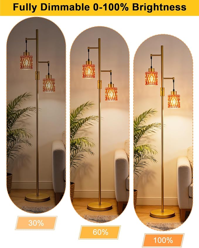 2-Light Glass Floor Lamp, 65IN Tall Standing Lamps Dimmable with Rose Red Glass Lampshade, 3000K Warmwhite Mid Century Modern Floor Lamp with 5Lbs Heavy Base for Living Room/Bedroom