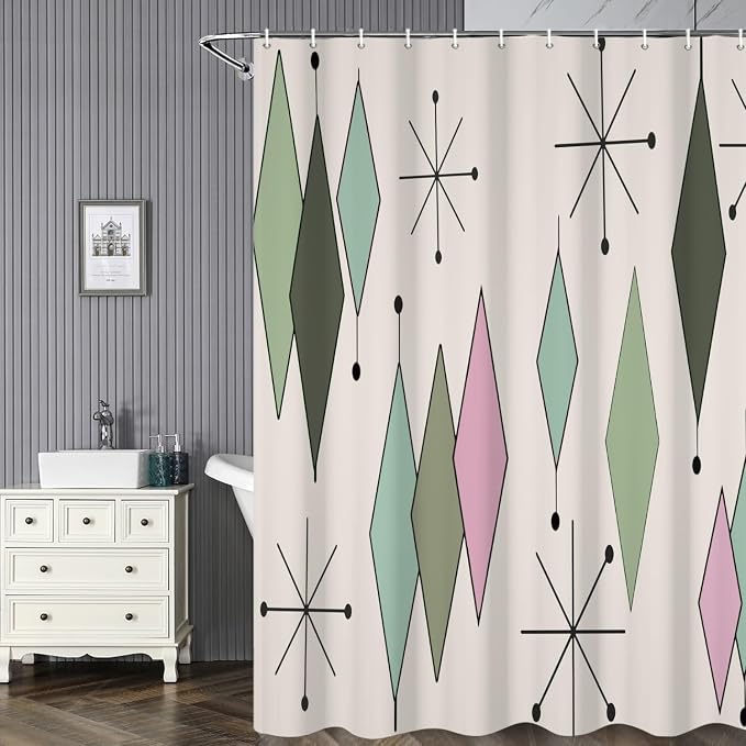 Mid Century Shower Curtain Modern Abstract Green Pink Diamond Geometric Atomic Starburst Pattern for 1950s Retro Bathroom Decor Accessories Shower Curtain Set with 12 Hooks, 72x72 Inches