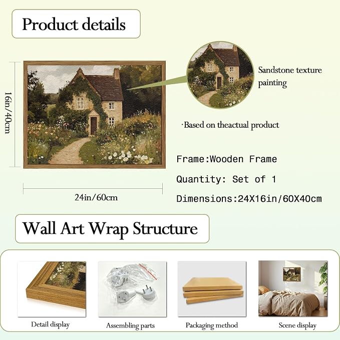 Vintage Cottage Core Wall Art, Farmhouse Landscape Wall Decor Painting Country House Artwork 3D Textured Hand Drawn Sandstone for Bedroom Living Room 16x24 inch Wood Framed