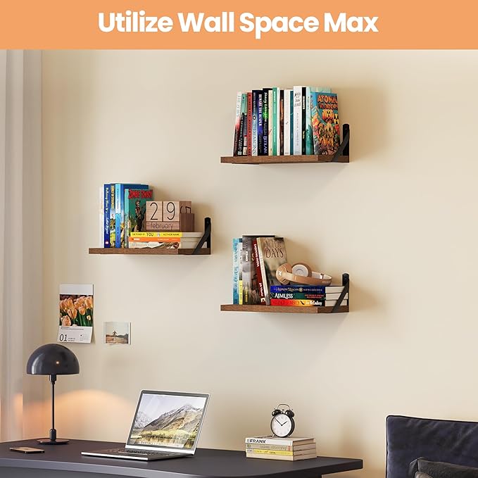 upsimples Floating Book Shelves for Wall, 15.7 Inches Wood Shelves for Living Room, Bathroom, Bedroom, Kitchen Storage and Decoration, Brown