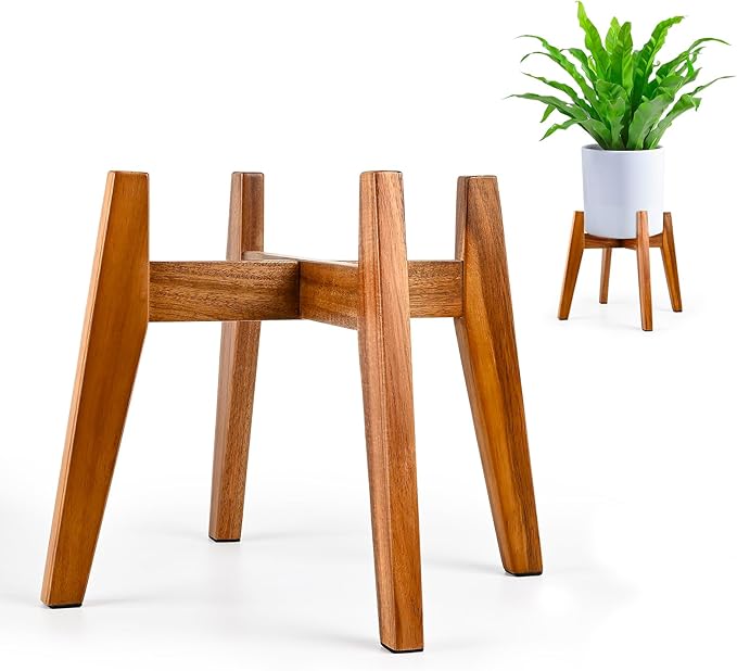 Acacia Wood Plant Stand for 9 Inch Pots, Mid Century Modern Indoor Plant Stand, Solid Hardwood, Non-Adjustable Flower Pot Holder for Home and Patio Décor