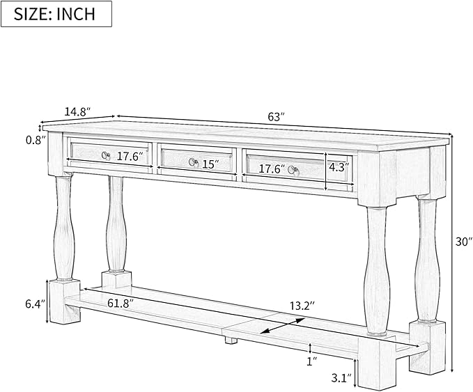 Merax LUMISOL 64 inch Long Console Sofa Table with 3 Drawers and Bottom Shelf, Hallway Table Entryway Table for Living Room, Easy Assembly (Antique White).