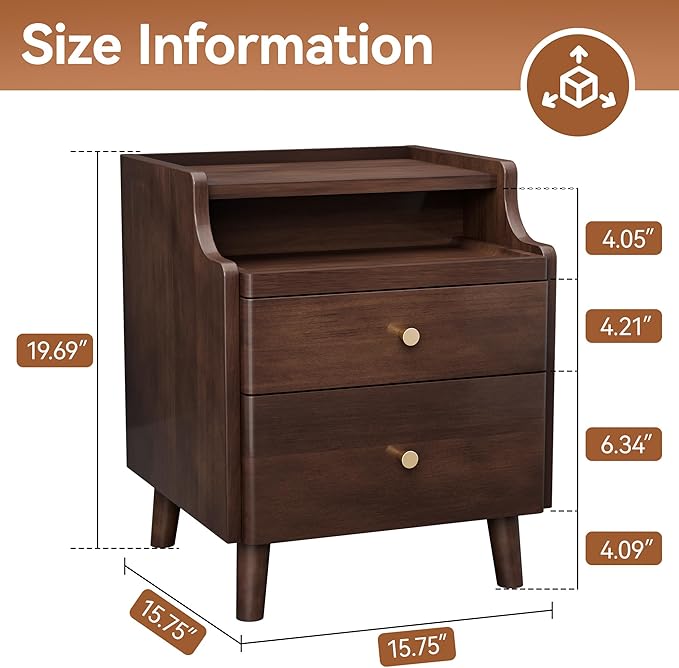 Narrow Nightstand with Drawers, Pre-Assembled Solid Wood Small Skinny Night Stand with Open Sliding Shelf Slim Bedside Table for Bedroom, Slim Side Table (2, Black Walnut, 16")