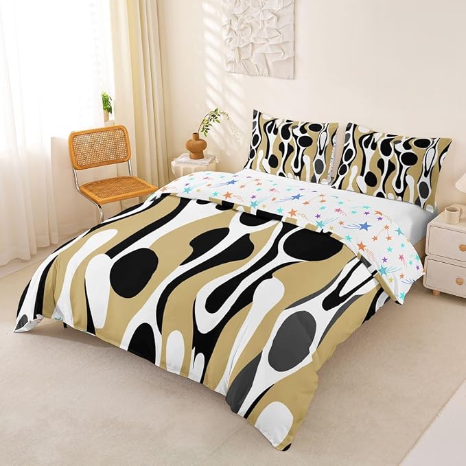 Erosebridal Organic Geometric Duvet Cover Set Modern Abstract Girl Toddler Bedding Set for Teen Boys Retro Mid Century Comforter Cover Modern Fluid Art Irregular Circles Bed Sets,Beige Black