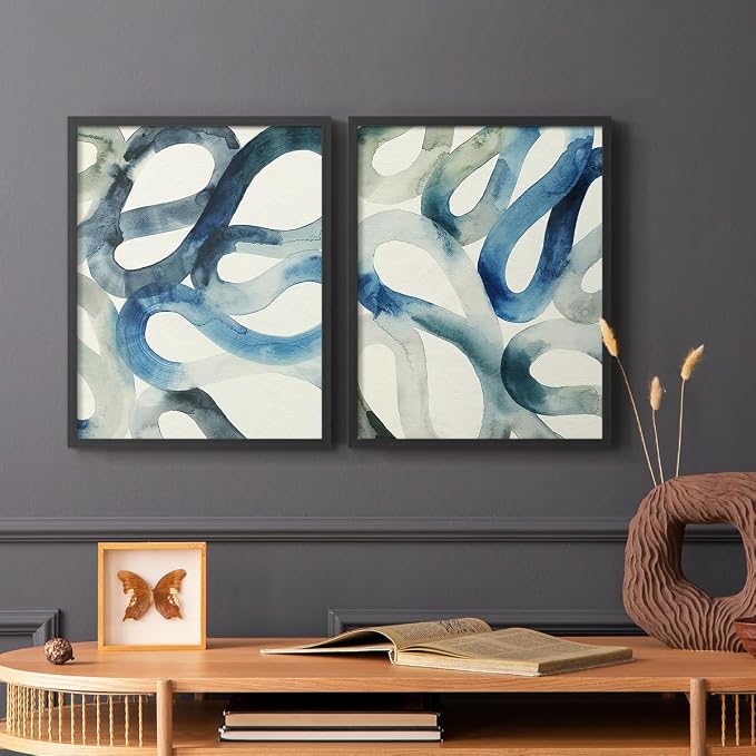 Renditions Gallery Set of 2 Peel & Stick Framed Prints, Watercolor Abstract Wall Art, Aquatic Water and Sand Strokes Wall Decor, Re-Stickable - Ready to Hang - 11"x14" - Black Frame LT588