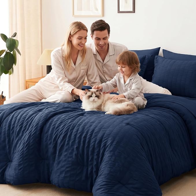 CozyLux King Size Comforter Set Navy Blue, 7 Pieces Seersucker Textured Luxury Bed in a Bag, All Seasons Soft Bedding Sets with Down Alternative Comforter, Sheets, Pillowcases & Shams, Home Gift