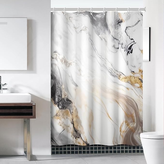 Grey and White Shower Curtain, Modern Grey Marble Shower Curtain for Bathroom Aesthetic Waterproof Shower Curtain Set with Hooks, 60x72 Inch