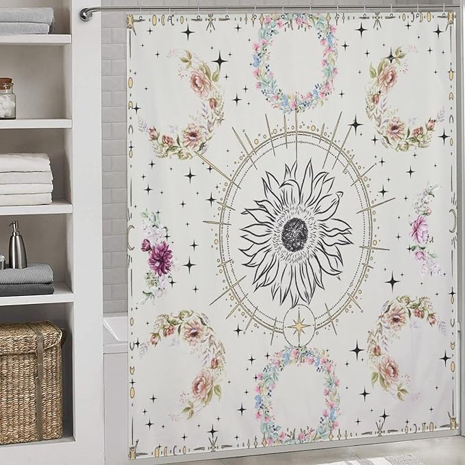 Moon Phase Flowers Shower Curtain Celestial Wildflower Plant Floral Boho Stars Vintage Flowers Art Waterproof Shower Curtains for Bathroom Decor 12 Pack Hooks 72x72in (183x183cm)