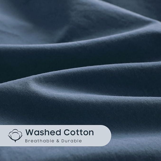 Wake In Cloud - Cotton Duvet Cover Set, 100% Washed Cotton, Linen Like Textured, Breathable Durable Comfy Farmhouse Neutral Bedding Set, 3 Pieces, Navy Blue, Twin/Twin XL Size
