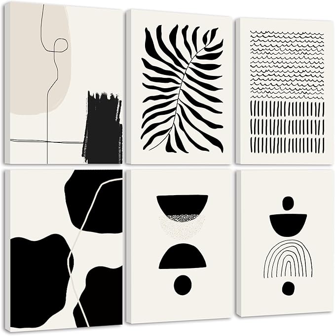 KUVIOKE Black Abstract Framed Wall Art Boho Room Decor Set of 6 Minimalist Geometric Line Art Bohemian Mid Century Modern Prints for Bedroom Living Room 12x16in (Framed)