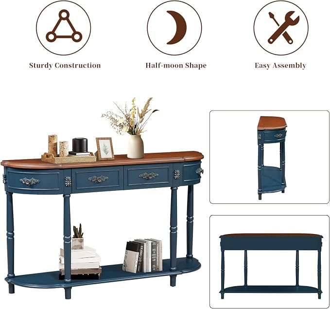 Retro Curved Console Table, 52" Half Moon Sofa Entryway With 2 Drawers 1 Open Shelf, Solid Pine Legs for Living Room, Hallway, Navy Blue