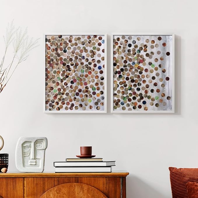 Renditions Gallery Set of 2 Peel & Stick Framed Prints, Textured Abstract Wall Art, Scattered Circular Cutouts Wall Decor, Re-Stickable - Ready to Hang - 8"x10" - White Frame LT588