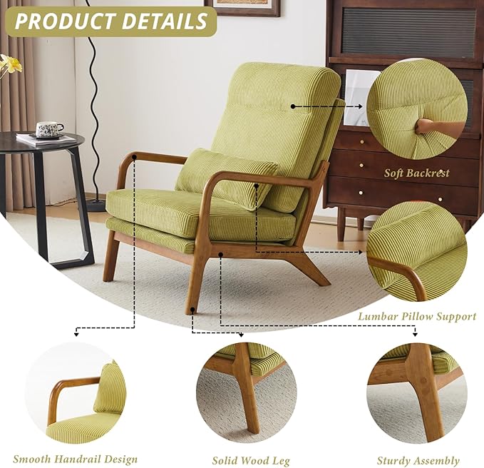 Karl home Mid-Century Modern Accent Chair, Living Room Chairs with Pillow High Back Corduroy Upholstered Lounge Armchair with Solid Wood Frame & Soft Cushion for Bedroom, Reading Room, Green