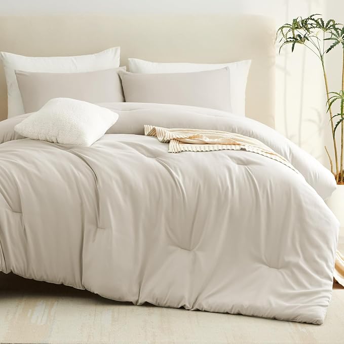CozyLux King Size Comforter Set Oatmeal, 3 Pieces Lightweight Down Alternative Quilted Bedding Sets, Gray All Season Soft Breathable Solid Comforter with 2 Pillowcases, Luxury Bed Set Gift for Home