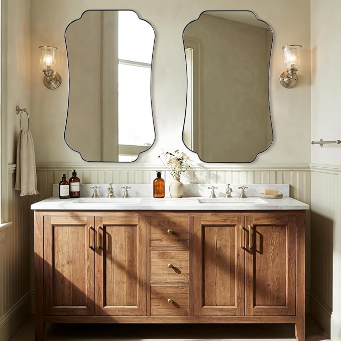 ANDY STAR 24"x40" Chrome Mirror, Scalloped Bathroom Wall Mirror in Anti-Rust Stainless Steel Metal Frame 1’’ Deep, Hangs Vertically/Horizontally