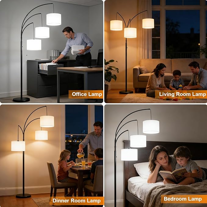 80 Inch Arc Floor Lamp for Bedroom, 3-Light Dimmable Standing Lamp for Living Room, 2400LM Super Bright Tree Lamp with Remote Control, Tall Floor Lamp for Office with Adjustable Arms & Weighted Base