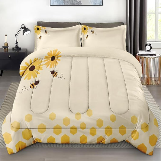 Comforter Set with 2 Pillowcases Full Size, Honey Bee Themed Yellow Sunflower, Bed Decor Cute Daisy Flower Bumble Honeycomb for Kids and Adults, Soft Cozy Bedroom Bedding Set