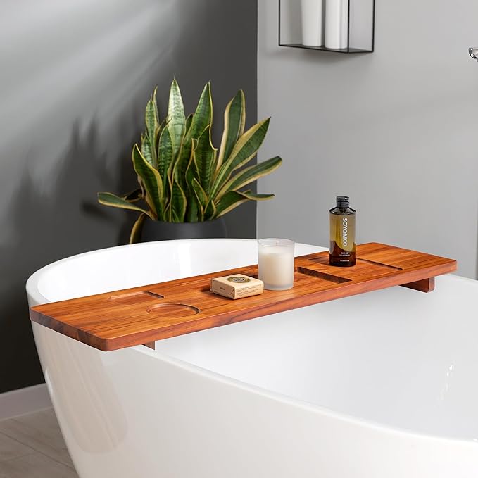 Teak Bathtub Tray Caddy - 35" Wide Adjustable Bathtub Table for Freestanding Tubs, Non-Slip Design with Phone/Wine Holder, Natural Bath Spa Essentials