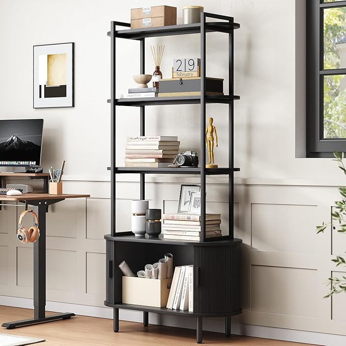 ONBRILL 71" Tall Bookshelf, 4-Tier Book Shelf with Storage Cabinet, Modern Bookcase with Sliding Door and Adjustable Footpad, Freestanding Storage Organizer Bookshelf for Living Room, Bedroom, Black