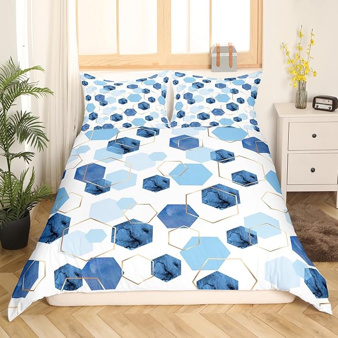 Erosebridal Hexagon Bedding Sets Queen Navy Blue Comforter Cover, Watercolor Honeycomb Bed Set Abstract Tie Dye Duvet Cover, Luxury Gold Hexagon Quilt Cover Microfiber (Zipper Closure)
