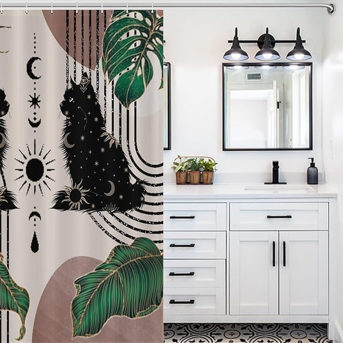 Boho Mid Century Cat Shower Curtain Retro Moon Star Leaves Black Cat Geometric 70s Vintage Waterproof Shower Curtains for Bathroom Decor 12 Pack Hooks 55x72in（140x183cm）