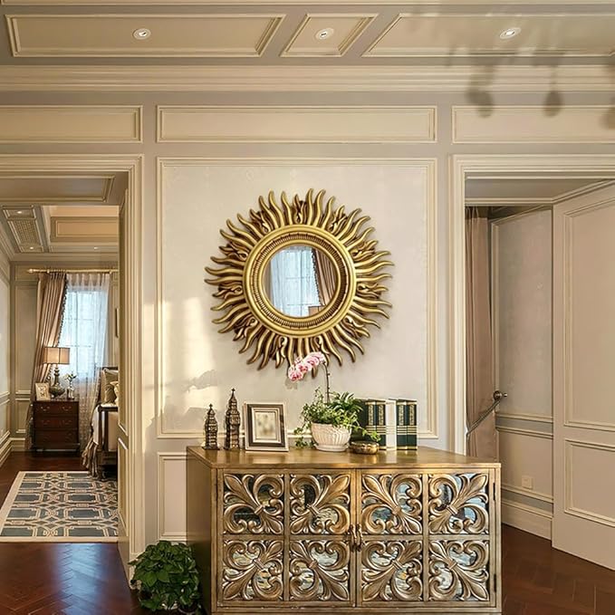 Round Sunburst Decorative Mirror, Wall-Mounted Vintage Entryway Mirror, Living Room Hanging Mirror, Bathroom Makeup Mirror (Color : 62cm/24, Size : Antique Gold)