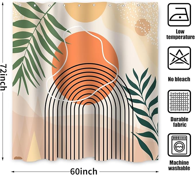 Mid Century Shower Curtain, Stall Abstract Boho Minimalistic Arch Sun Leaf Machine Washable Waterproof Fabric for Bathroom Bathtub Decor with Hooks 60Wx72H