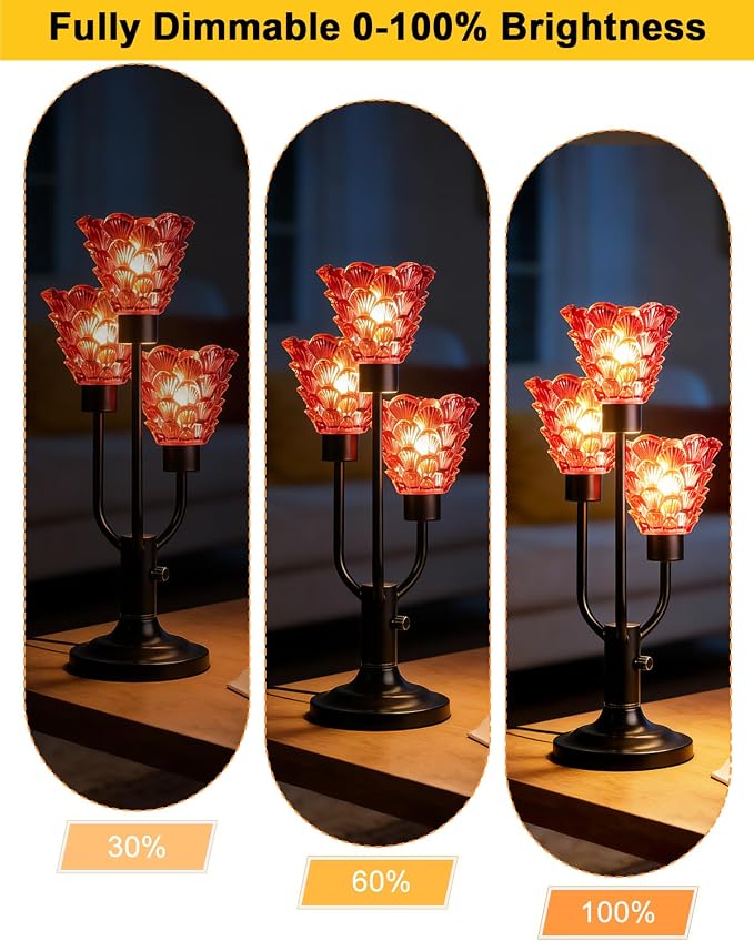 Lightdot Vintage Mid Century Modern Table Lamp for Living Room Dimmable Nightstand Lamp Red Glass Black Desk Lamp 3 Bulbs Included Warmwhite Ambient Bedside Lamps for Bedroom Home Office Decor Gift