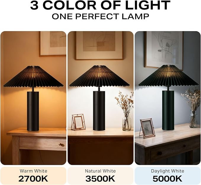 Modern Table Lamp with Metal Blade Lampshade and Cylindrical Base, E26 Bulb Compatible, Contemporary Accent Light for Living Room, Bedroom, Office (Black)