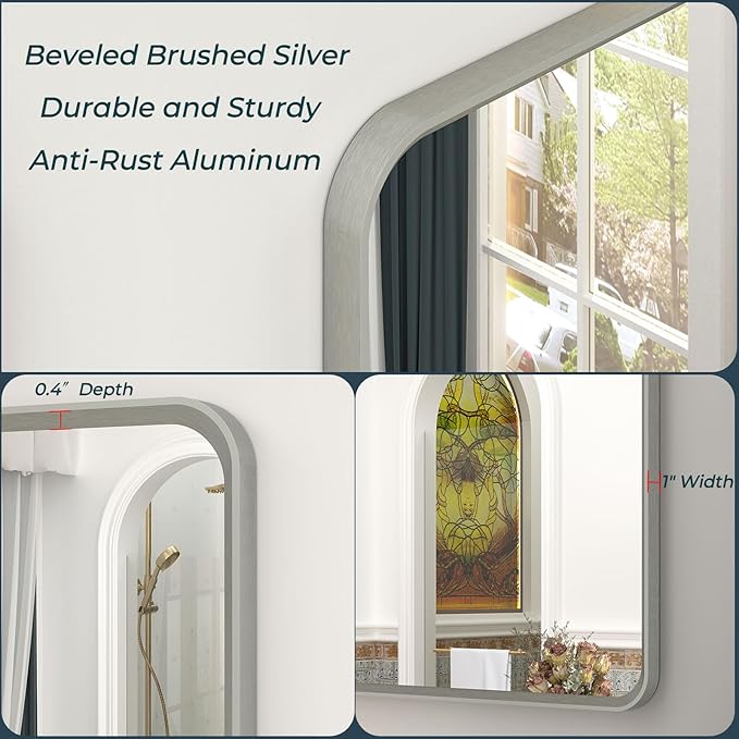 OKPAL 66x36 Silver Bathroom Mirror for Wall, Brushed Metal Framed Bathroom Vanity Mirror, Modern Rounded Corner Rectangle Mirror, Anti-Rust (Horizontal/Vertical)