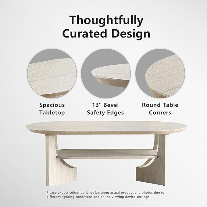 Modern Oval Coffee Table, 2 Tier Faux Stone Coffee Table with Storage Shelf & Sturdy Base, 47 Inch Minimalist Wood Center Tea Tables for Living Room, Apartment, Office, Stone Color