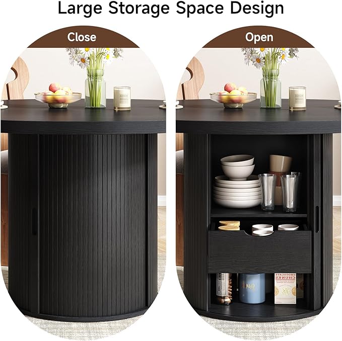 47 inch Round Dining Table for 4, Circle Kitchen Table with 2-Layer Storage Shelf and a Drawer, Modern Farmhouse Dinner Tables with Sliding Door and Wood Strip Base for Kitchen, Living Room (Black)