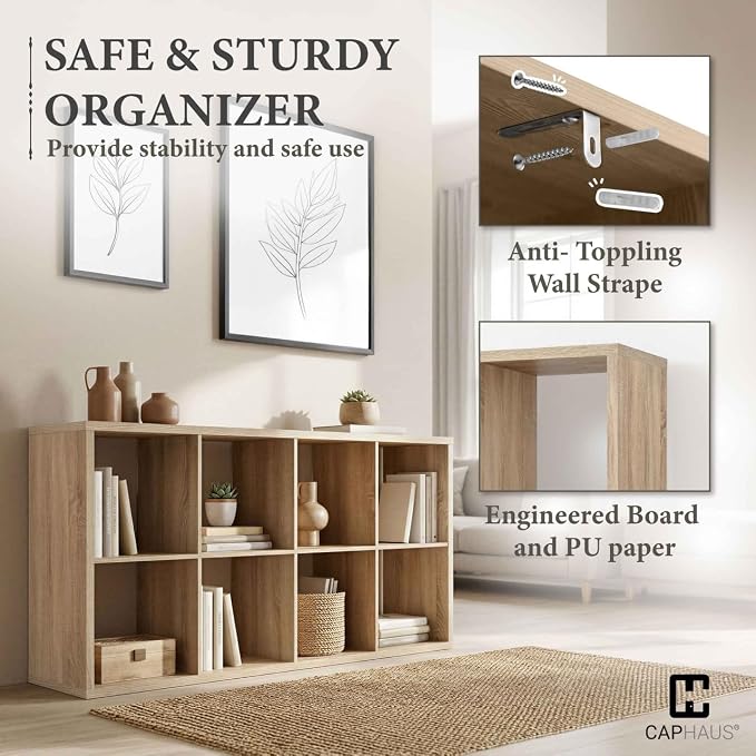 CAPHAUS Sturdy Room 13-Inch Cube Storage Organizer Shelf, with Extra Thick Exterior Edge, Open Storage Shelf Divider, Bookcase, 8-Cube, Natural Oak