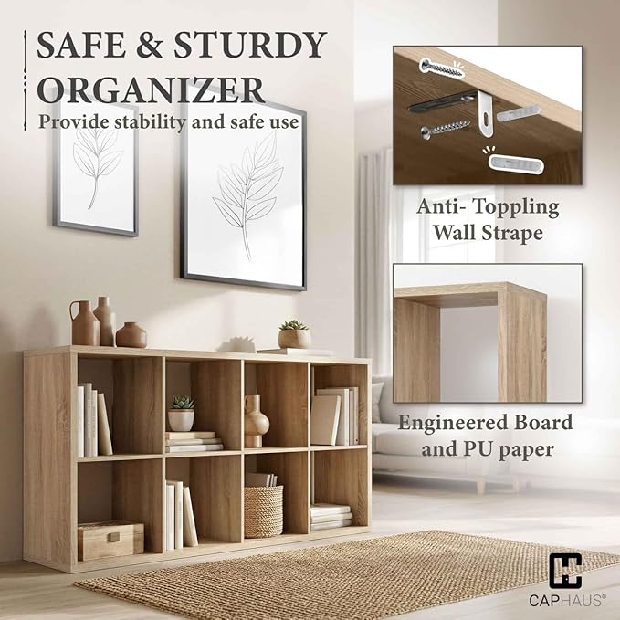 CAPHAUS Sturdy Room 13-Inch Cube Storage Organizer Shelf, with Extra Thick Exterior Edge, Open Storage Shelf Divider, Bookcase, 9-Cube, Natural Oak