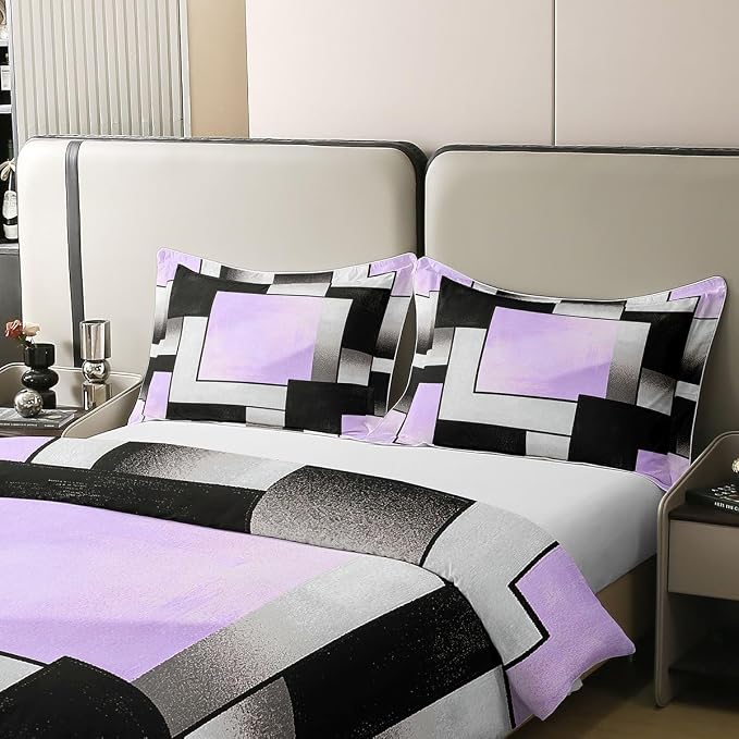Erosebridal Purple Grey Black 100% Cotton Duvet Cover Full Watercolor Geometric Bedding Set for Kids Teens Adults Patchwork Geometric Square Comforter Cover Minimalist Modern Art Bed Set 3 Pcs