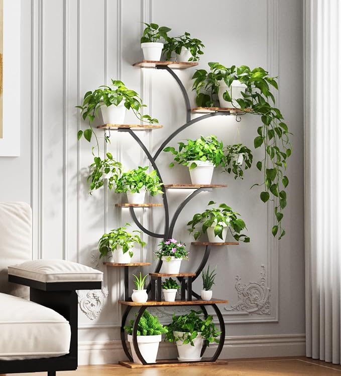 VINGLI Plant Stand Indoor with Grow Light, 61 Inch Tall Lighted Plant Shelf Indoor with 5 LED Light Strips, 10-Tiered Plant Stand for Indoor Growing, Tree-Shaped Large Metal Flower Shelves, Modern Decorative Plant Rack for Living Room, Balcony, Black