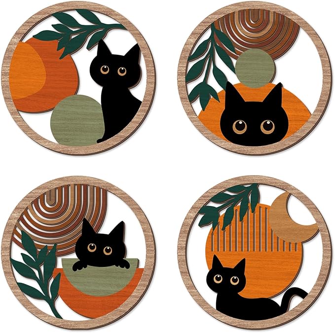 TOARTi 4PCS Minimalist Boho Black Cat Wall Art Geometric Wooden Cat Wall Decor Bohemian Black Cats Hanging Sign Abstract Boho Cats Wood Sign Farmhouse Aesthetic Geometric Artwork
