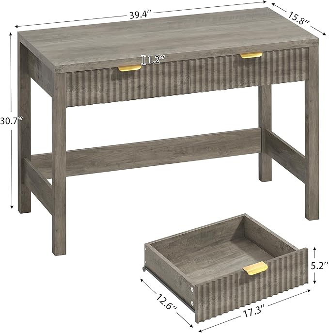YOMILUVE Fluted Computer Desk with 2 Drawers, 39 Inch Small Computer Desk with Storage, Compact Writing Study Desk for Small Spaces, Gray