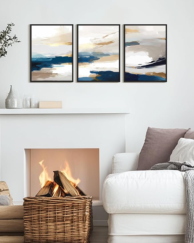 KUVIOKE Abstract Blue Framed Wall Art Graffiti Shape Pastel Wall Decor Modern Art Painting for Bedroom Hallway 12x16in (Black Framed)
