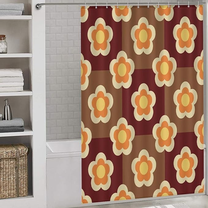 Bohemia Orange Brown Flowers Shower Curtain Funky Retro Lattice Floral Hippie Mid Century Aesthetic Washable Waterproof Fabric for Bathroom Decor Bathtub with 12 Hooks 55x72in（140x183cm）