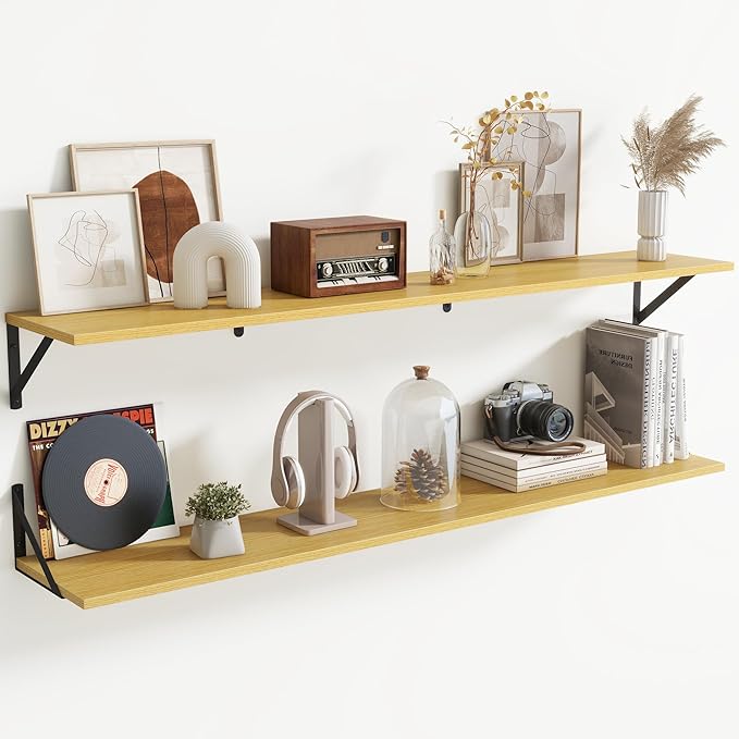 55" Long Wall Mounted Floating Shelves,8 inch Deep Floating Shelf with Metal Brackets Set of 2,Easy-to-Install Wall Decor Storage Ledges for Living Room,Bathroom,Bedroom,Kitchen,Office,Oak