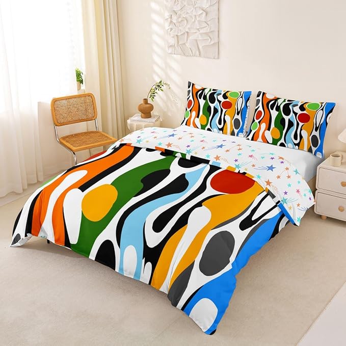Erosebridal Organic Geometric Duvet Cover Set Modern Abstract Girl Toddler Bedding Set for Young Boys Retro Mid Century Comforter Cover Modern Fluid Art Irregular Circles Bed Sets,Multicolor Rainbow