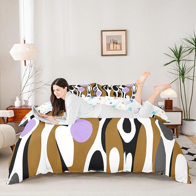 Erosebridal Organic Abstract Duvet Cover Set Modern Contemporary King Bedding Set for Adult Men Boho Mid Century Wavy Lines Comforter Cover Retro Geometric Bed Sets,Brown Lavender