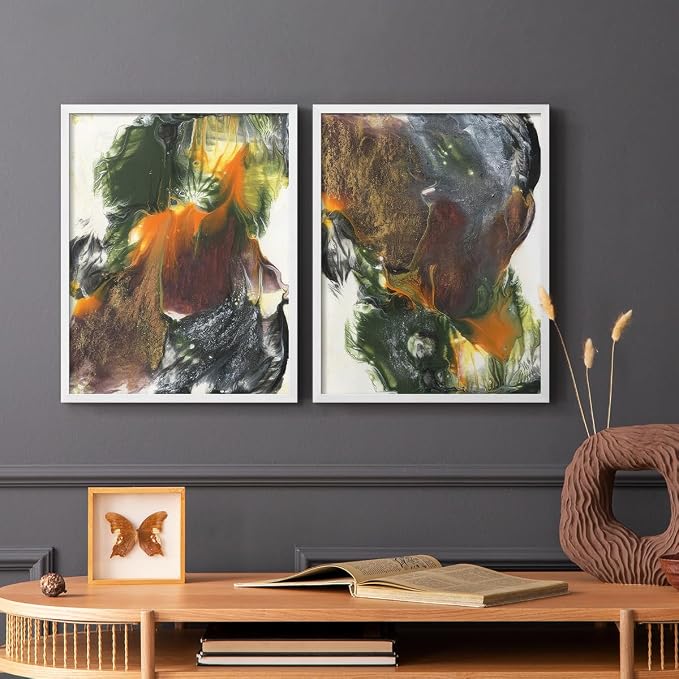 Renditions Gallery Set of 2 Peel & Stick Framed Prints, Watercolor Abstract Wall Art, Colorful Fluid Design Wall Decor, Re-Stickable - Ready to Hang - 16"x20" - White Frame LT588