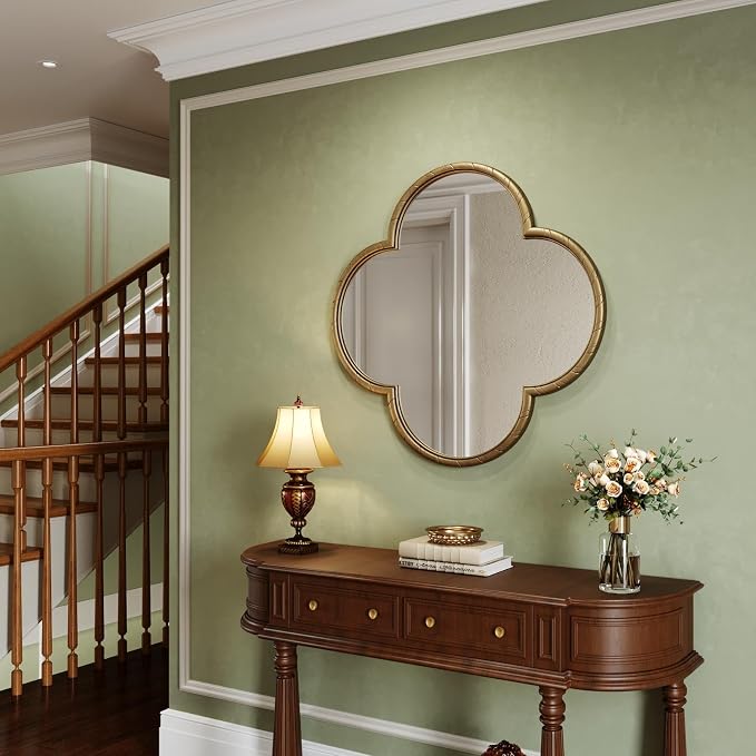 Vintage Wall Mirror Decor - 31.5" Large Antique Retro Gold Four-Leaf Clover Mirror with Rope-Like Frame, Wall Decorative Mirrors for Living Room, Bedroom, Fireplace, Bathroom