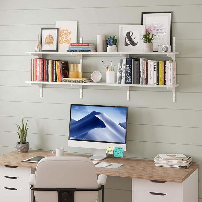 Wallniture Turin 60 inch x 8 in Floating Shelves for Wall Decor, Floating Book Shelf for Living Room, Wall Shelves with Adjustable Standard Rail Bracket System, White, Wood
