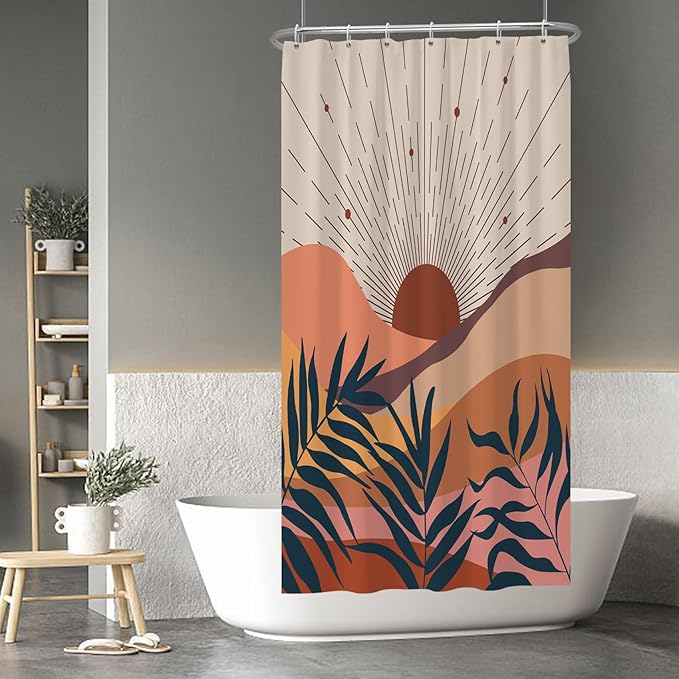 Baocicoo Boho Abstract Sun Shower Curtain Mid Century Sunrise Mountain Shower Curtain for Bathroom Minimalist Aesthetic Bathroom Decorations Waterproof Curtain for Bathroom with Hooks 36x72 Inches