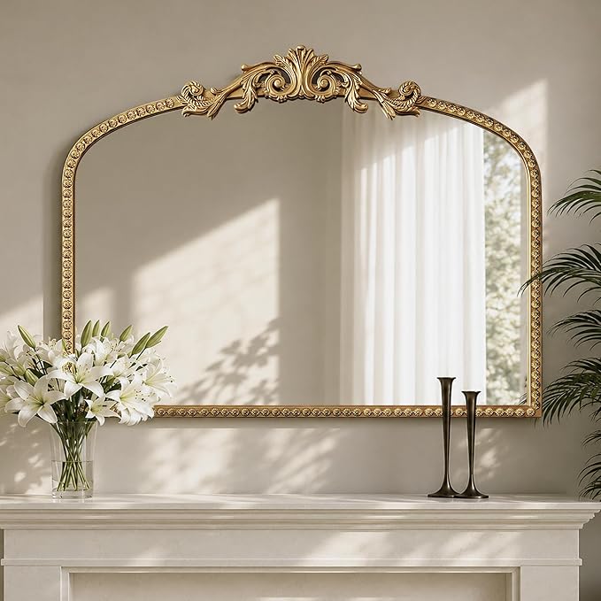 Large Vintage Gold Arched French Baroque Wall Mirror 36"x28" | Ornate Beaded Metal Frame, Horizontal Wall Mirror, Traditional Antique Decor